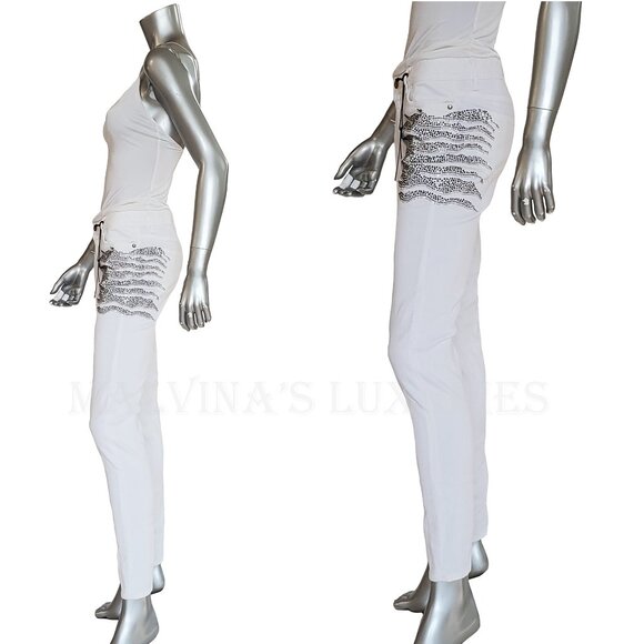 JUST CAVALLI BY ROBERTO CAVALLI JEANS WHITE w CRYSTALS SKINNY PANTS sz 29 US 6 - Picture 3 of 14